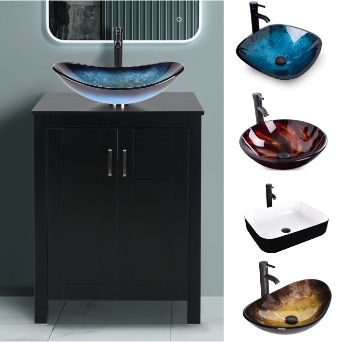 24” Bathroom Vanity Set Cabinet Freestanding With Vessel Sink Bowl Faucet Combo