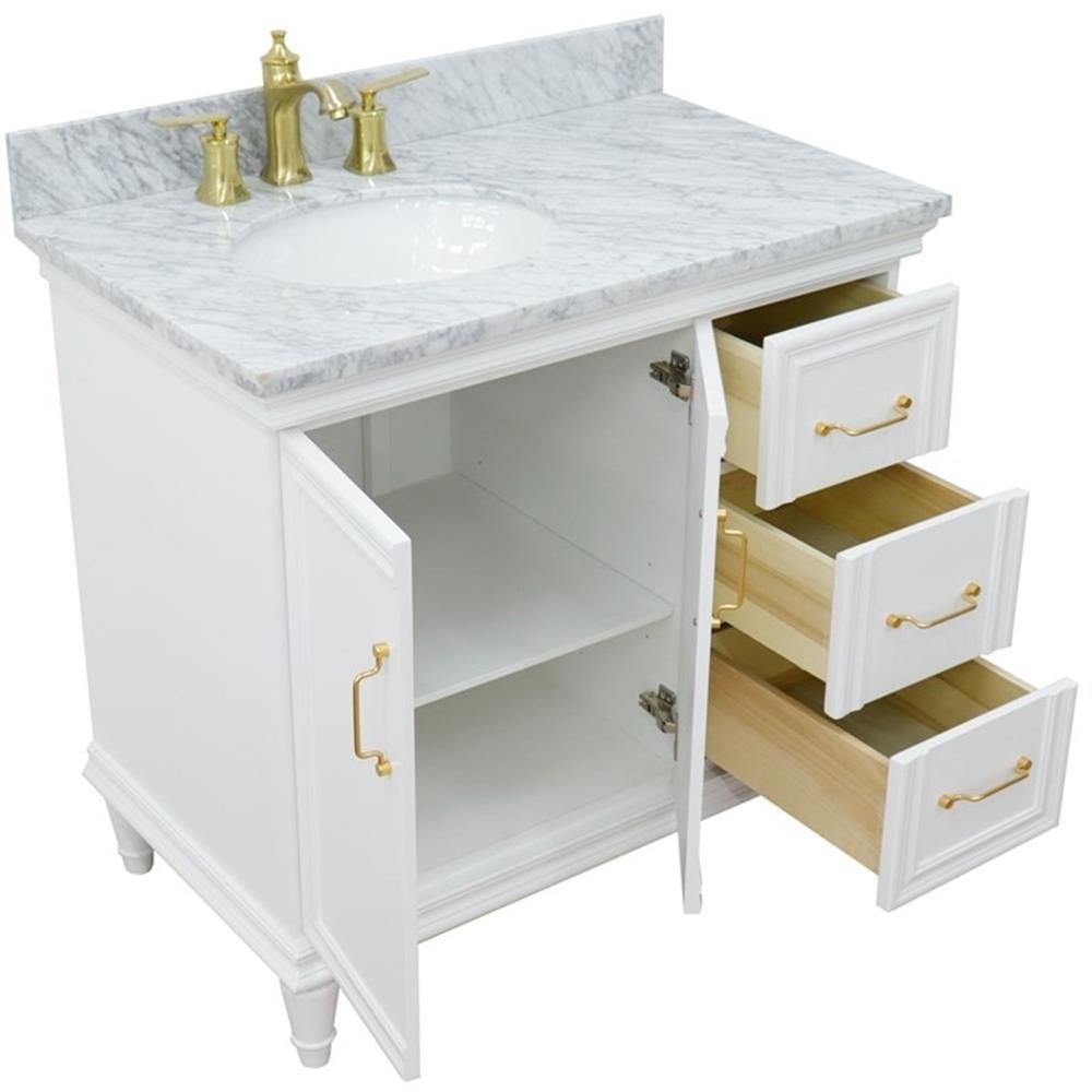 37 in. Single Wooden Vanity White White Carrara Oval Left Door.Left Sink