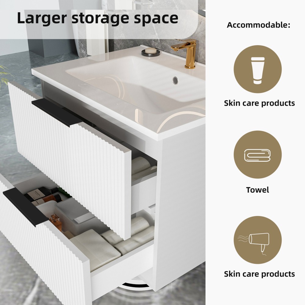 Bathroom Vanity Cabinet W Ceramic Sink Drawers Wall Mounted Fluted Vanity