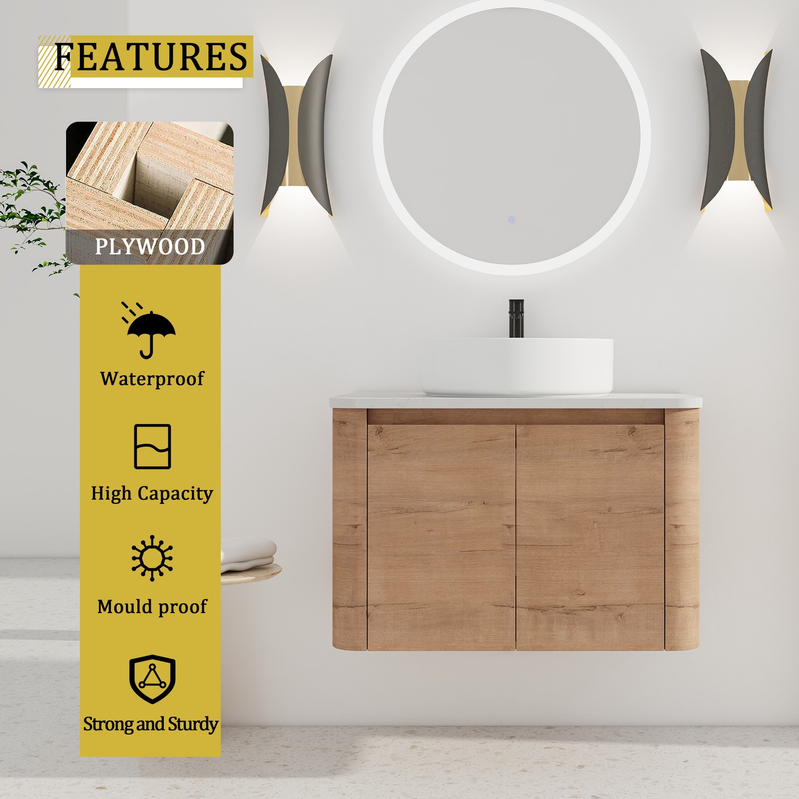 30″ Plywood Wall Mounted Bathroom Vanity W/ Ceramic Basin Top Soft-Close Door
