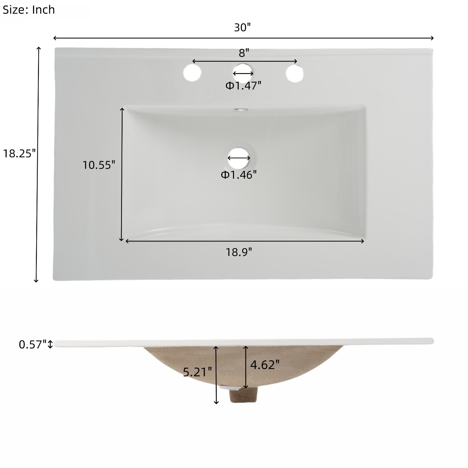 30″Bathroom Vanity with Ceramic Sink and Tempered Blurred Glass & Matte Handles