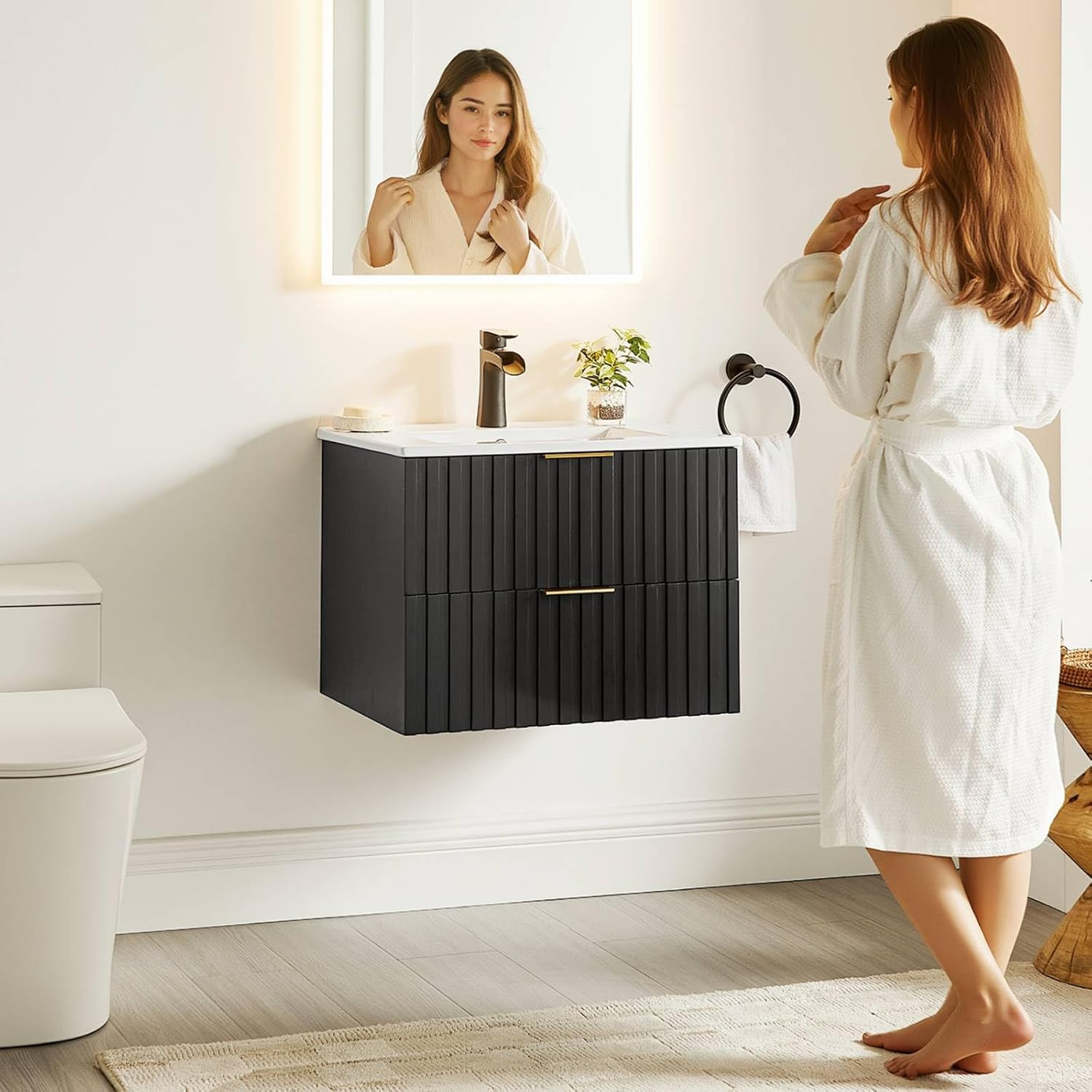 Bathroom Vanity with Sink, Wall Mounted Fluted Cabinet with 2 Golden Metal Handl