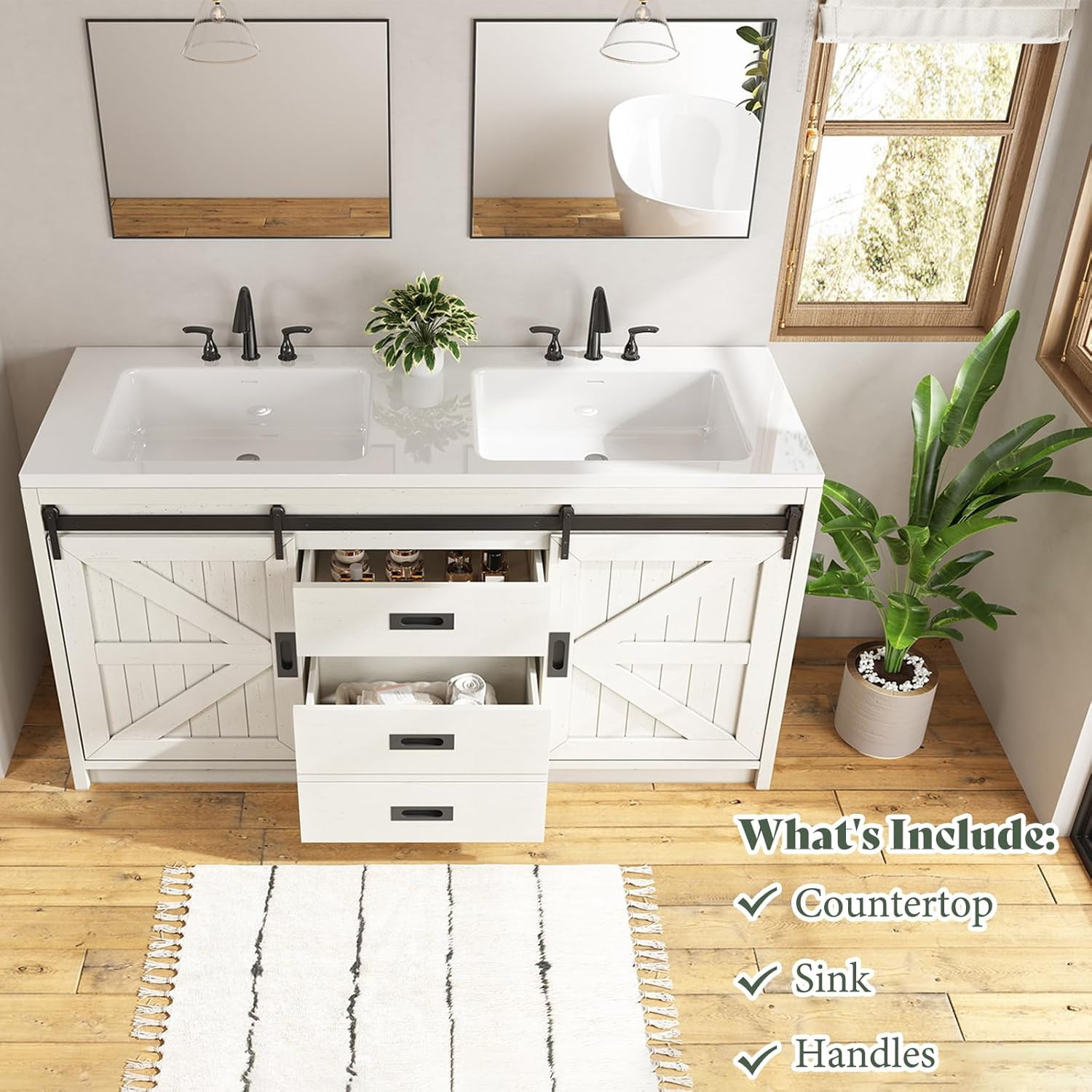 61″ Farmhouse Sliding Barn Door Double Vanity with Sink Combo, Freestanding Bath