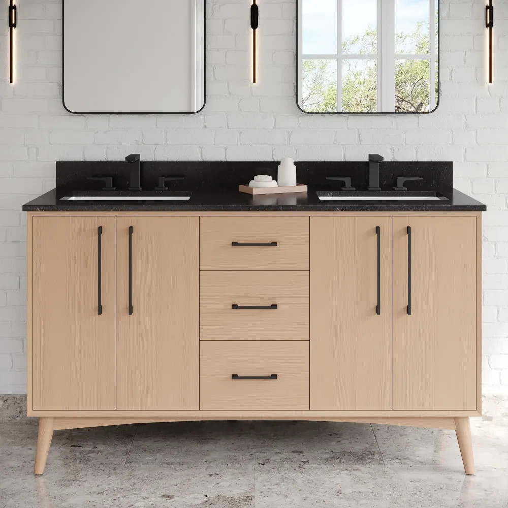 60″ Dashwood Natural Oak Double Bowl Bathroom Vanity + Black Granite Countertop