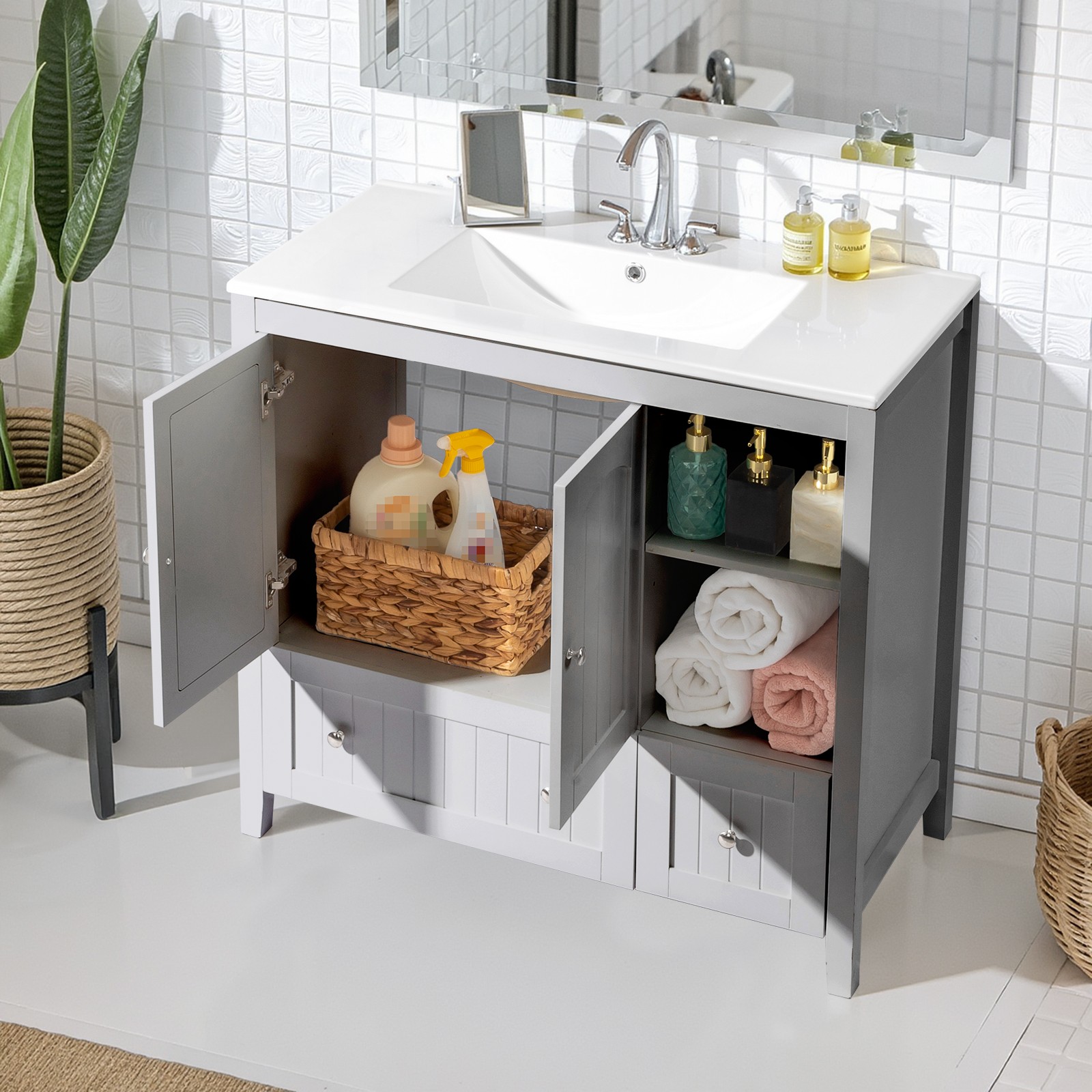 Modern 36″ Bathroom Vanity Without Sink, Wood Cabinet with 2 Doors 2 Drawers