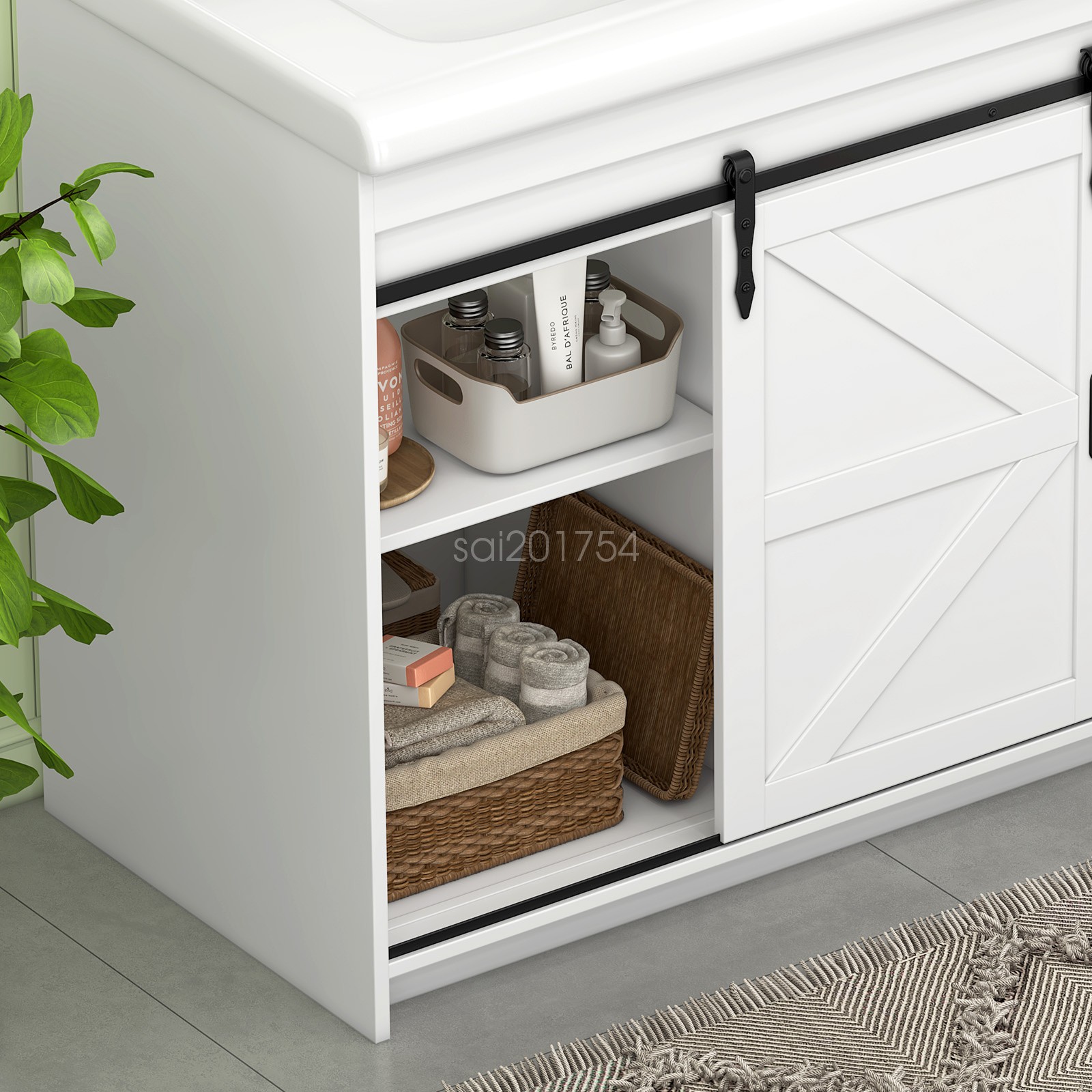 47.3″ Bathroom Vanity Freestanding Ceramic Sink Cabinet With Drawers and Doors