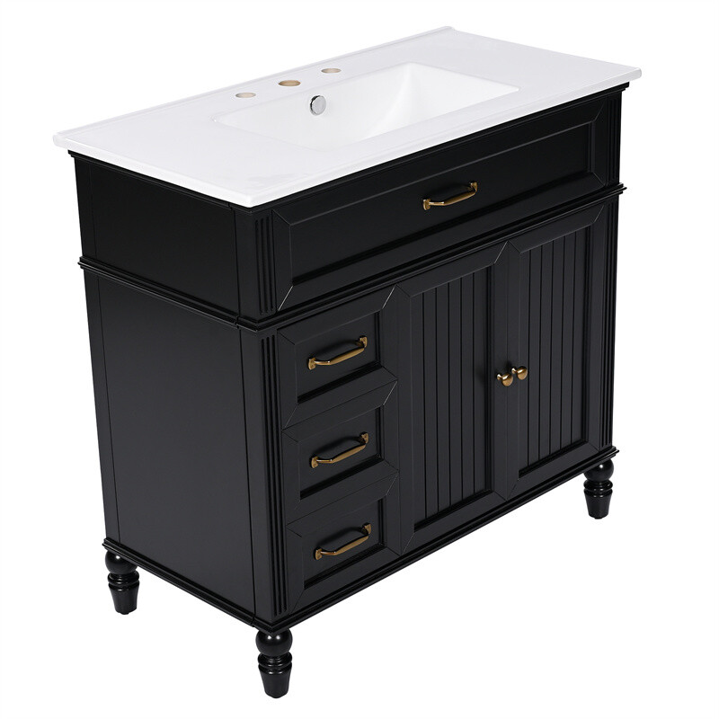 36″ Bathroom Vanity Set with Sink, Black Bathroom Cabinet w/3 Drawers & 2 Doors