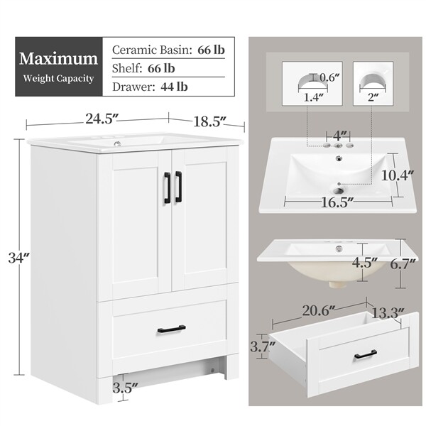 Bathroom Vanities Floor Standing with Sink Combo Set 24x19x34 Inch, White