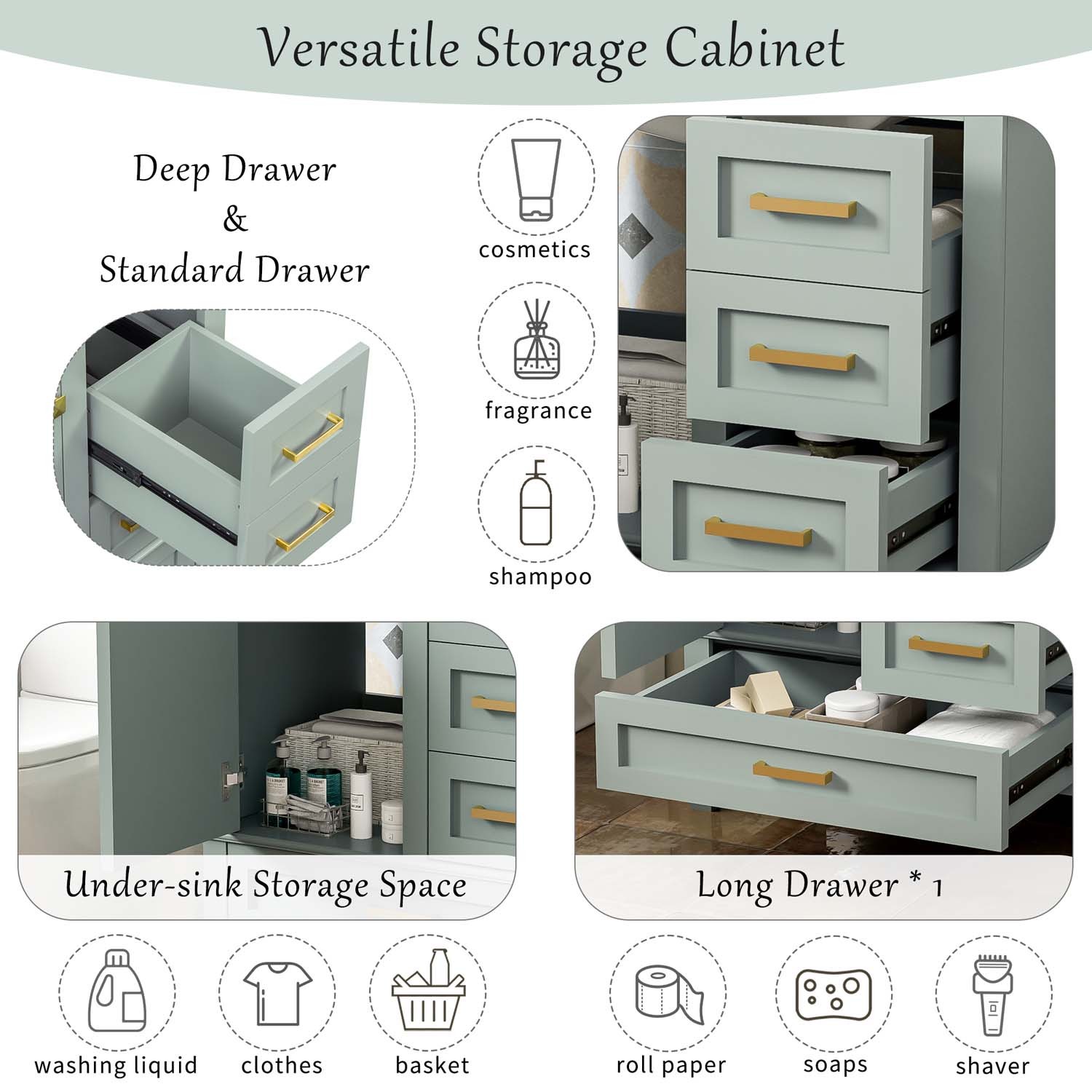 30″ Freestanding Bathroom Vanity Black Green Solid Wood Soft-Close 3 Drawer Sink