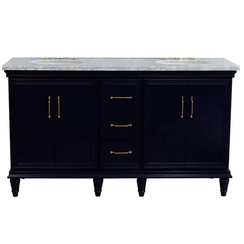 61 in. Double Wooden Vanity Blue White Carrara Marble Oval Sink