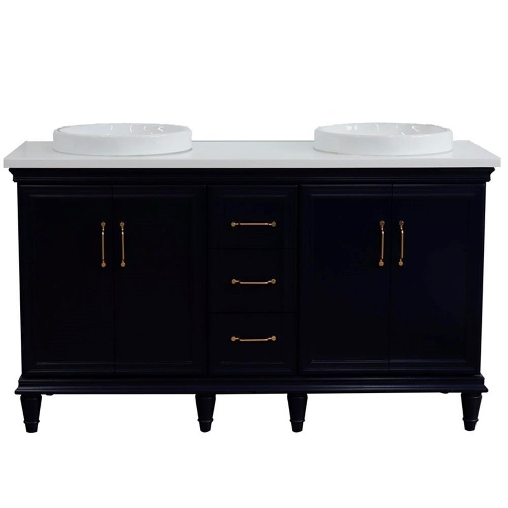 61 in. Double Wooden Vanity Blue White Quartz Round Sink