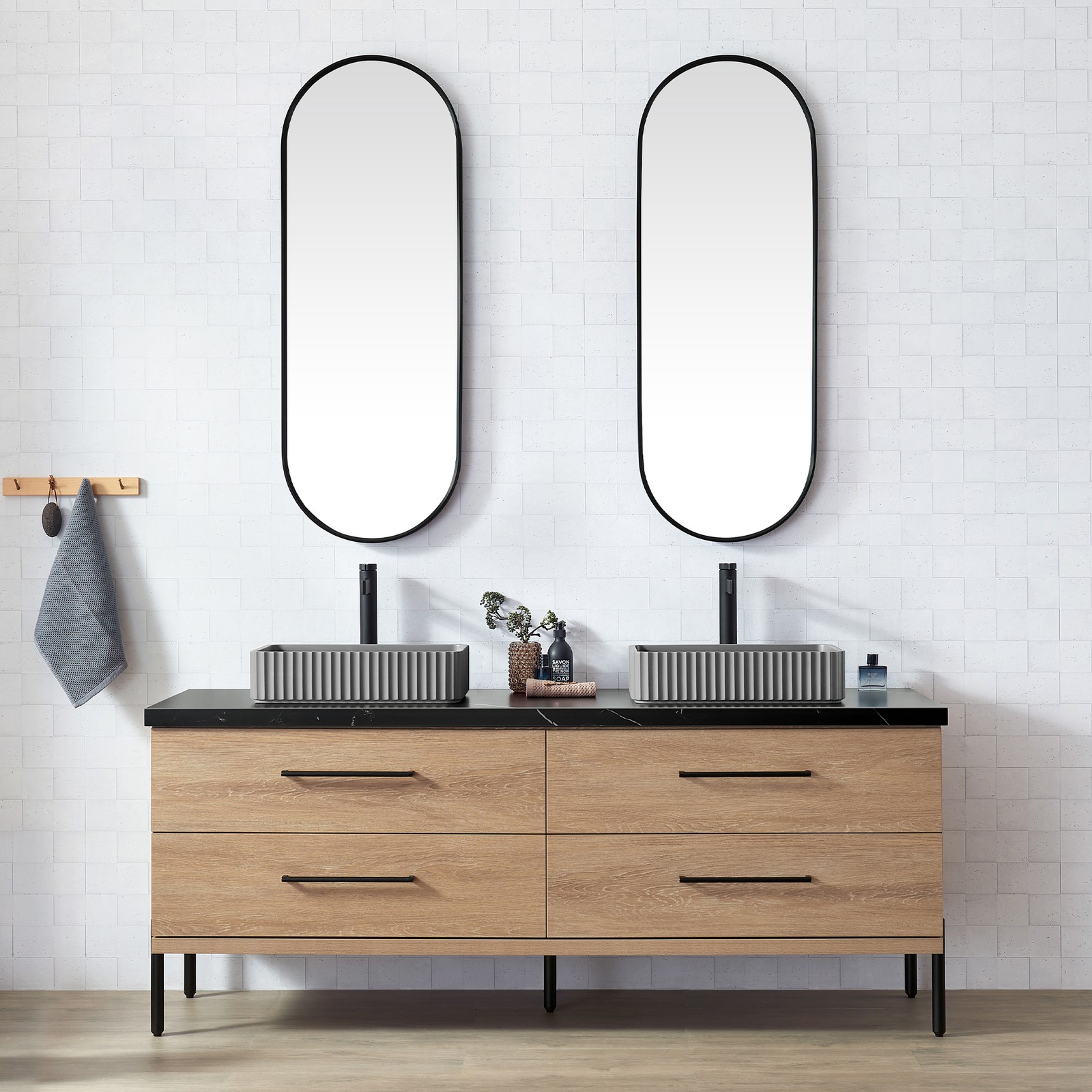 Trento 72″ Double Bath Vanity with Black Sintered Stone Top with Concrete Sink