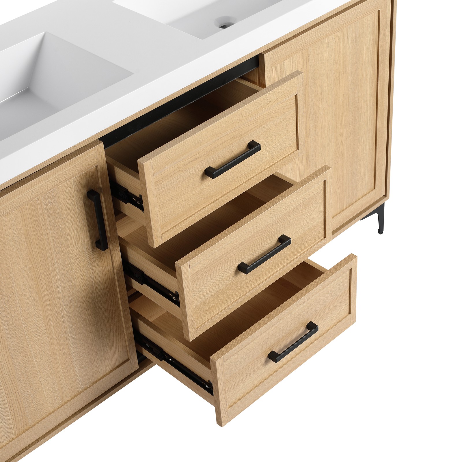 60 in Plywood Bathroom Vanity Freestanding W/Double Resin Sink +2 Doors 3Drawers