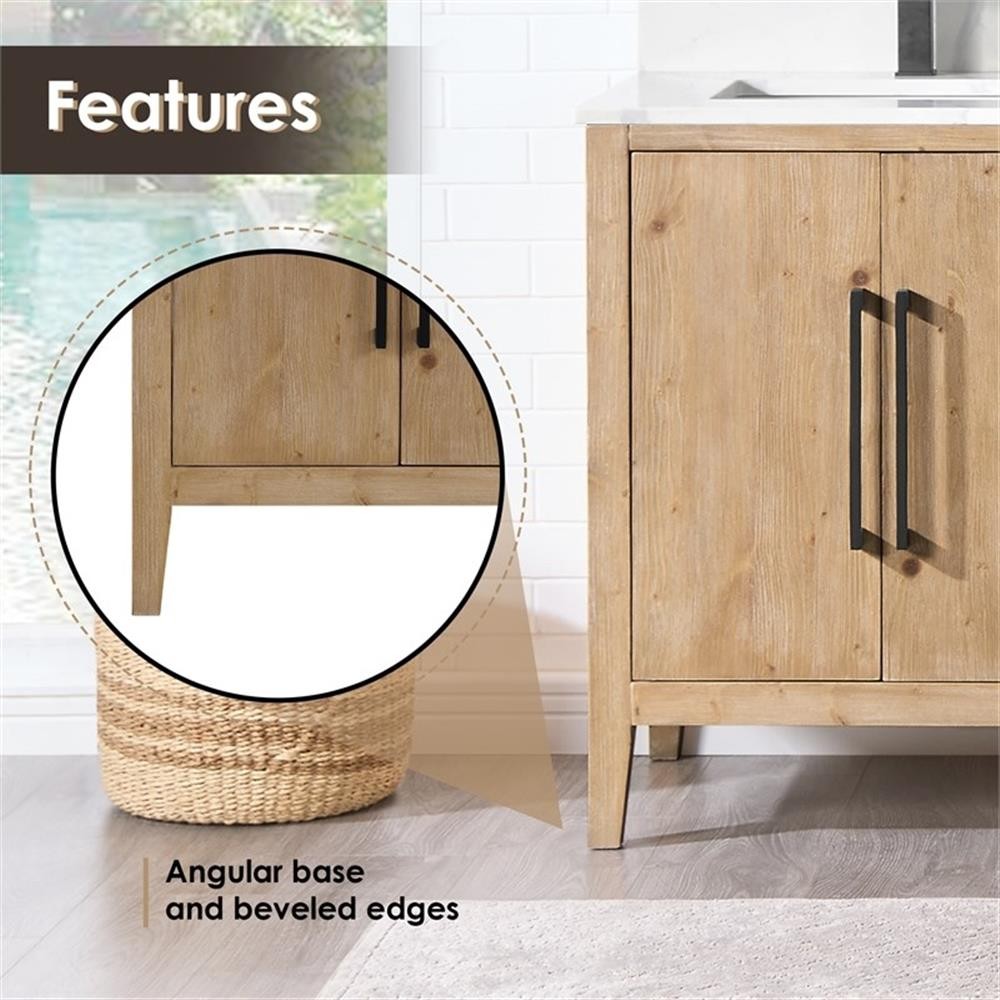 Laurel 72″ Wood Vanity in Weathered Fir Calacatta White Quartz Top no Mirror