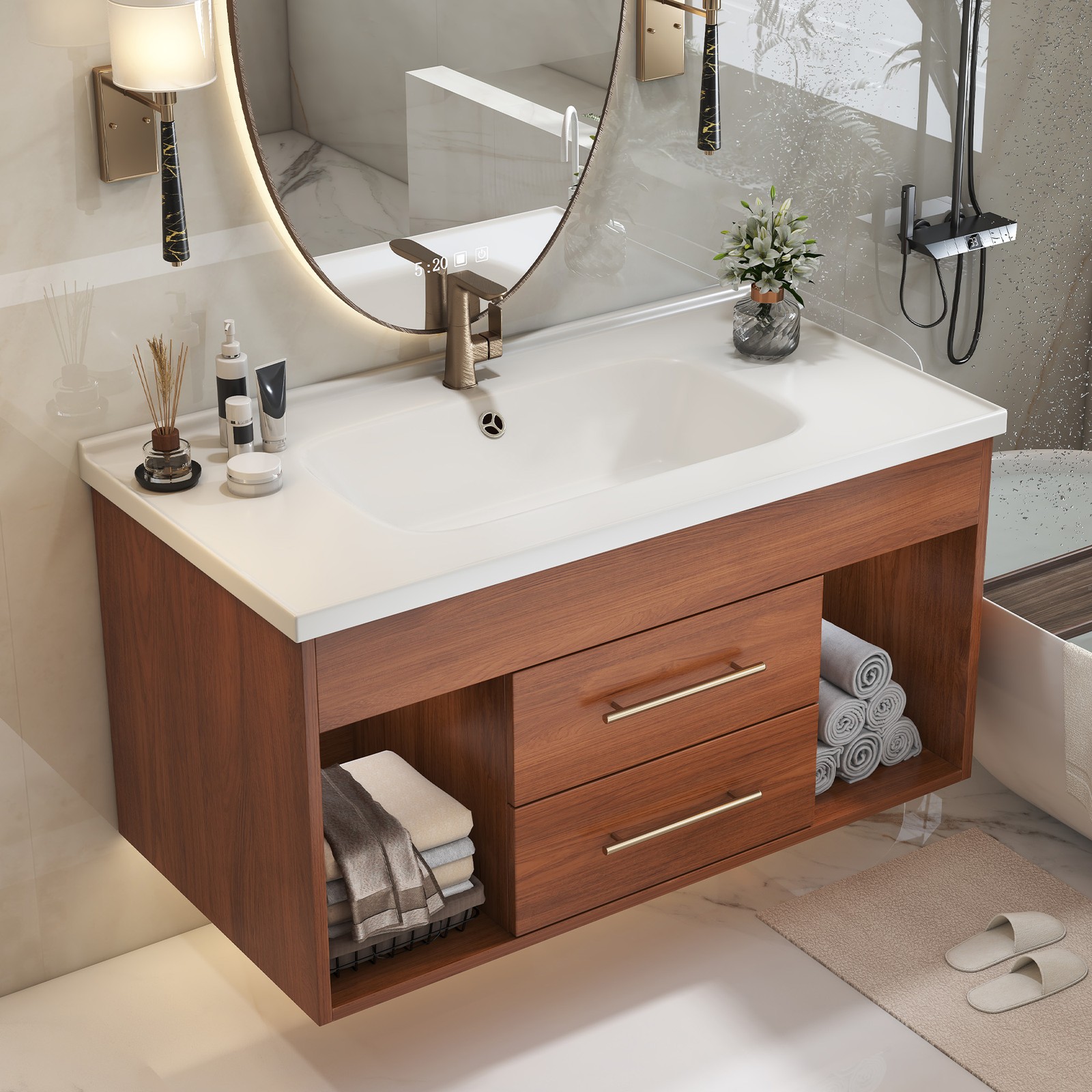 35.4″ Mid-Century Modern Bathroom Vanity with Ceramic Sink White Walnut