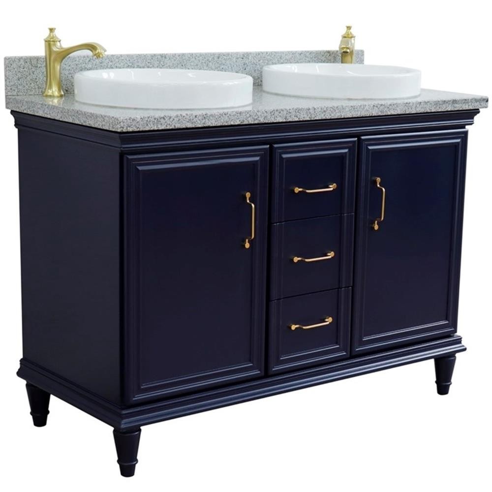 49 in. Double Wooden Vanity Blue with Gray Granite Round Sink