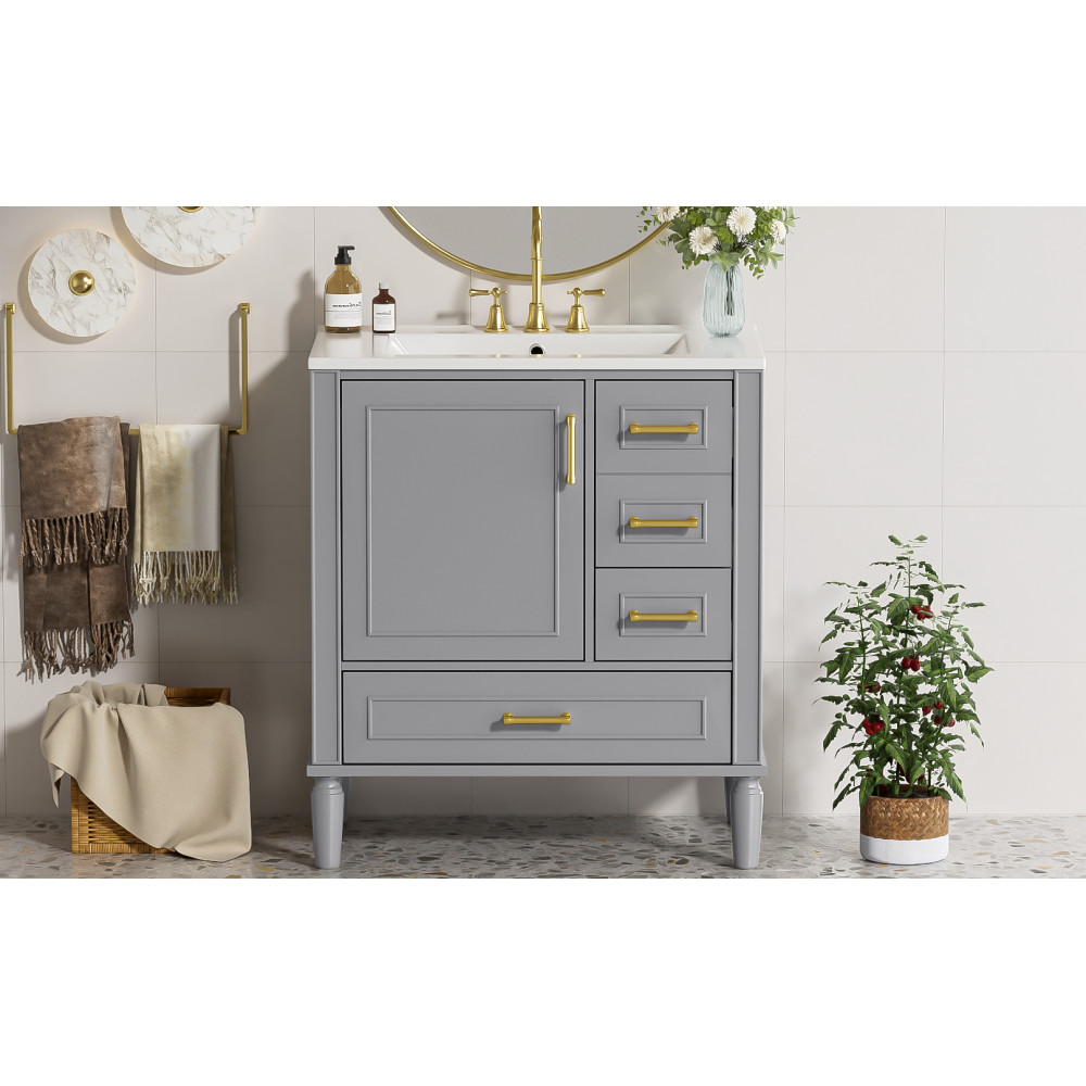 30″ Wood Bathroom Vanity Ceramic Sink Soft Close Door 3 Drawers Storage Cabinet