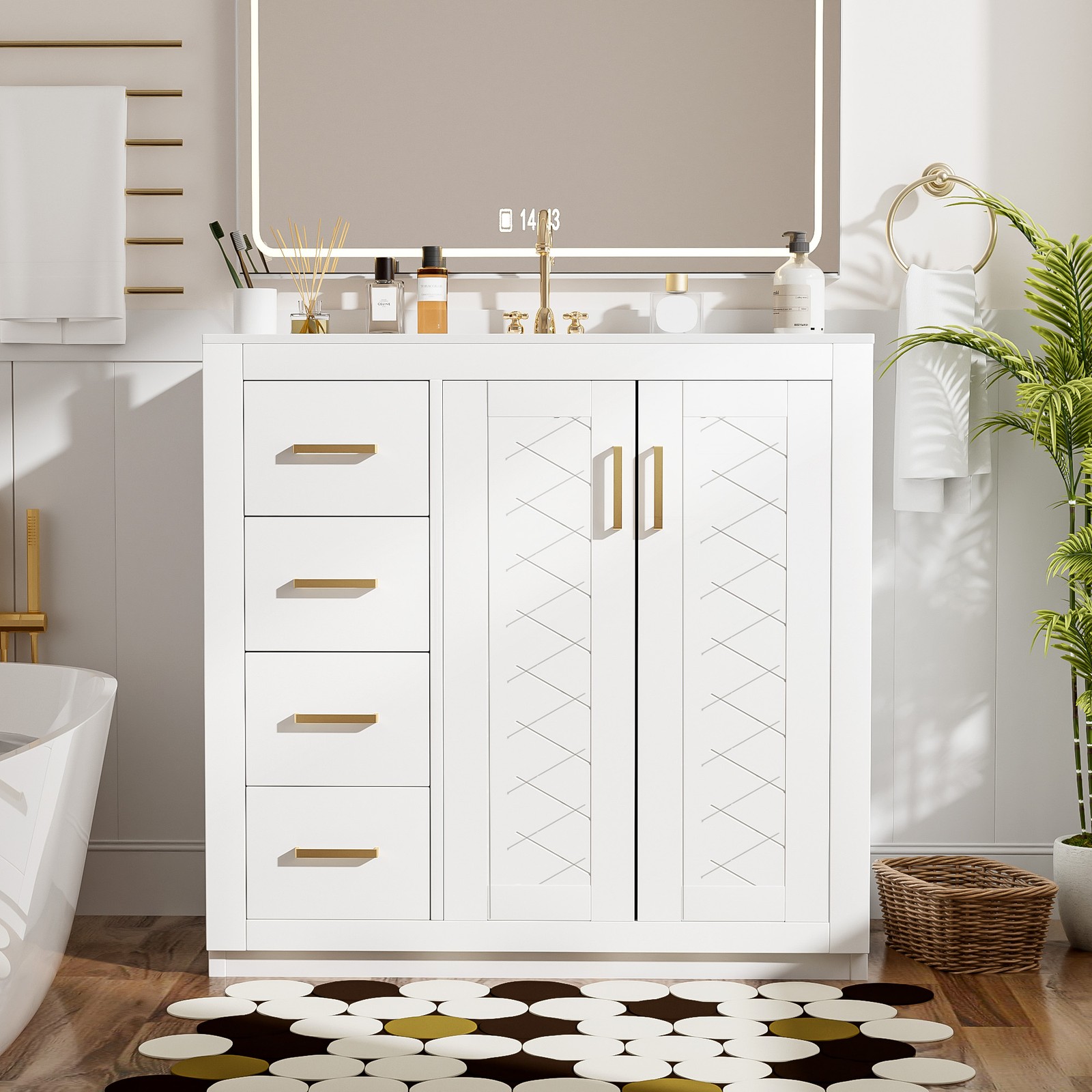 36″ Bathroom Vanity with Ceramic Sink, Solid Wood Frame, 3 Drawers & Doors