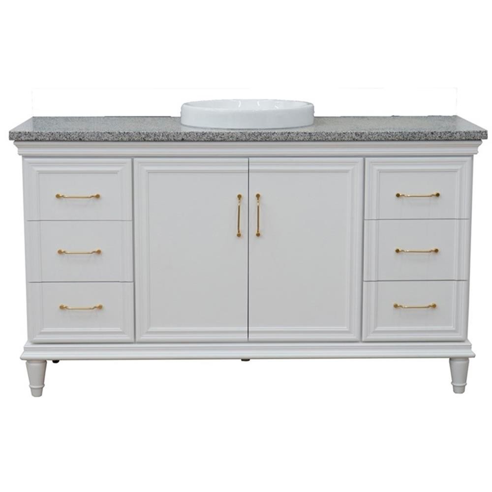 61 in. Single Wooden Vanity White with Gray Granite Round Sink