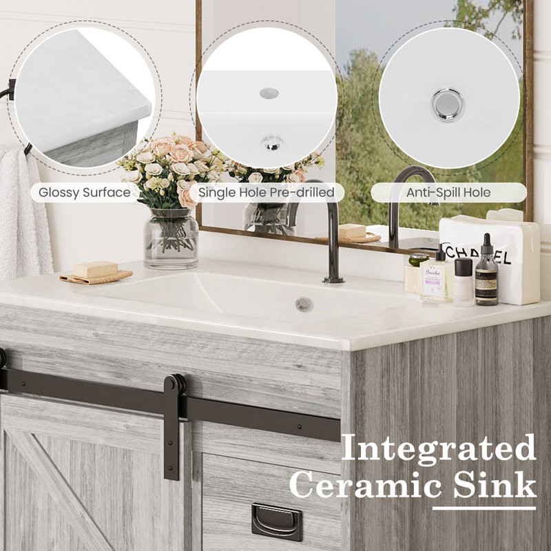 HOMMOW Farmhouse Single Bathroom Vanity with Top,Sliding Barn Door Sink Vanity