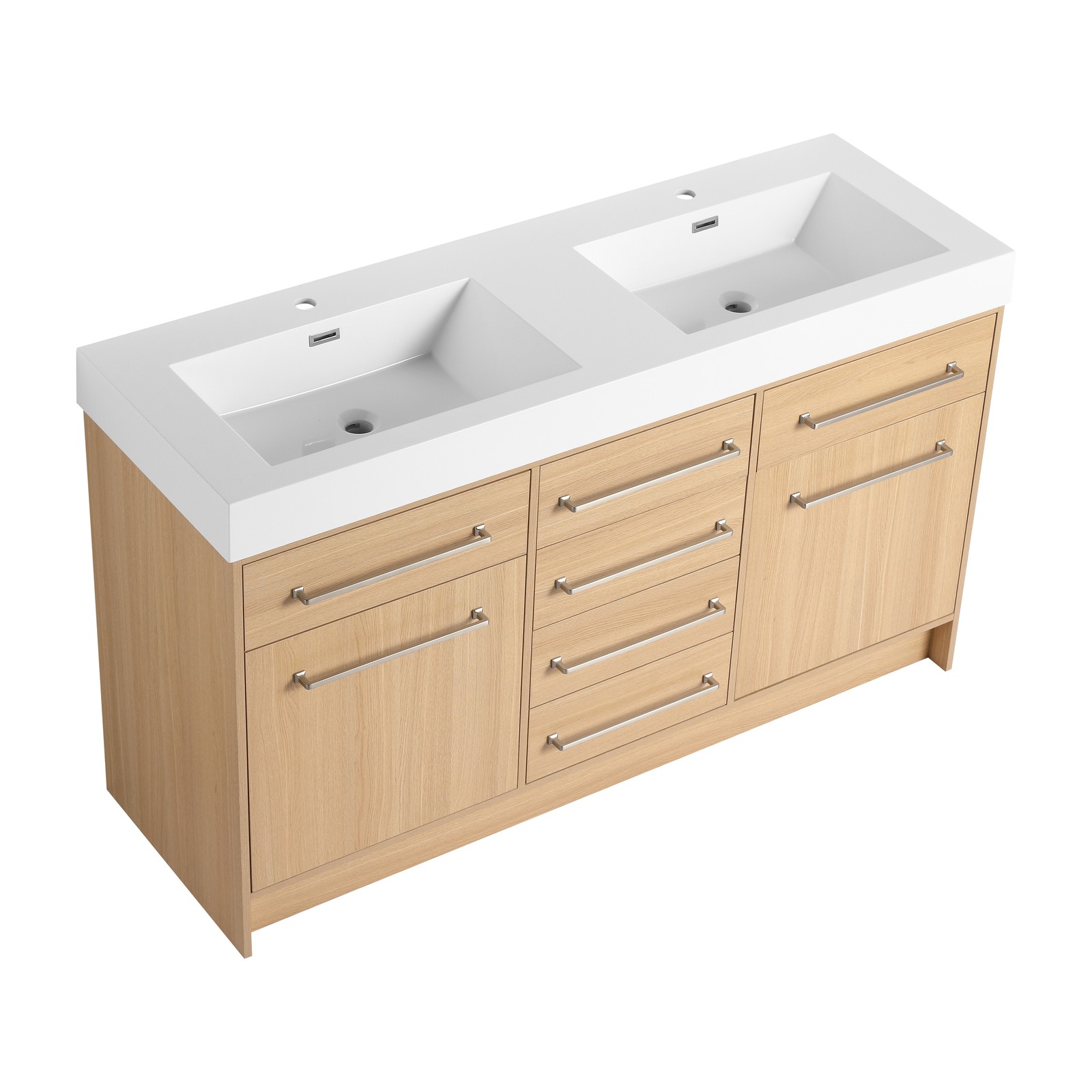 60 in Plywood Bathroom Vanity Freestanding W/Double Resin Sink +2 Doors 6Drawers