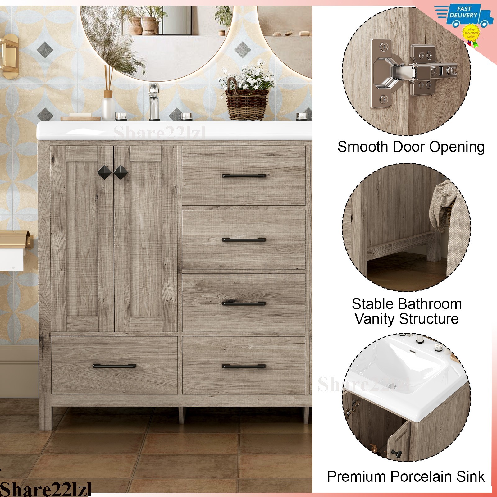 47″ Bathroom Vanity with Double Sink Combo Storage Cabinet w/ Doors and Drawers