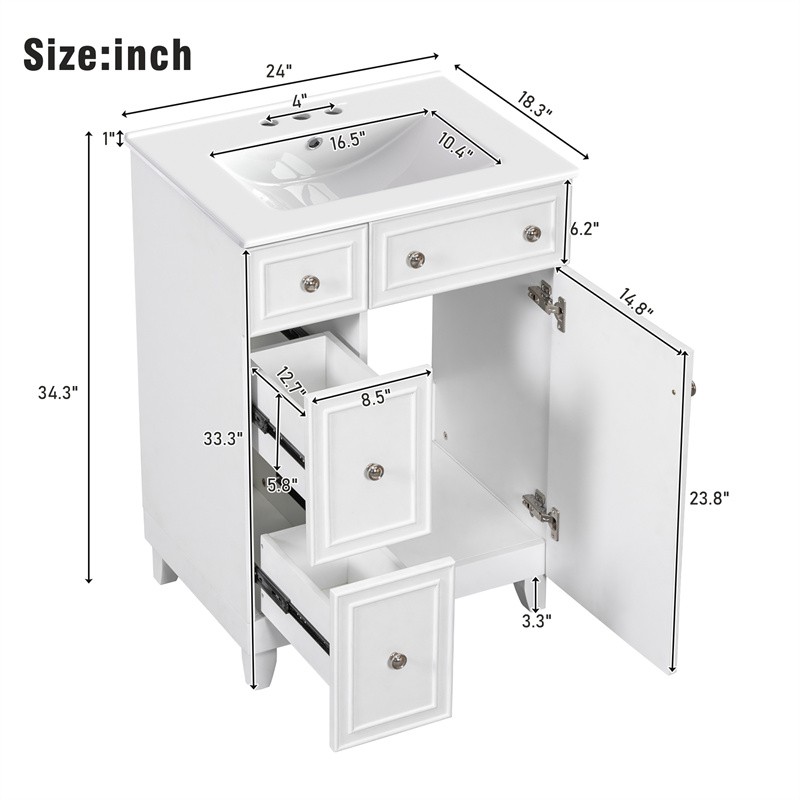24″ White Bathroom Vanity Cabinet with Ceramic Sink,2 Drawers,1 Soft-Close Door