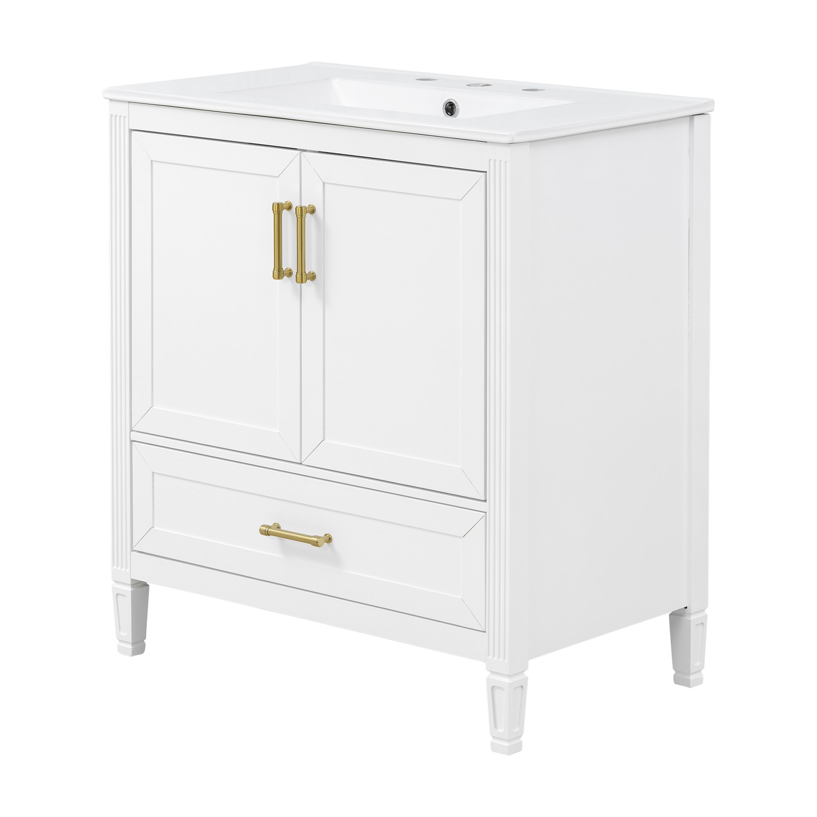 30″ White Fluted Bathroom Vanity with Ceramic Sink, Soft-Close