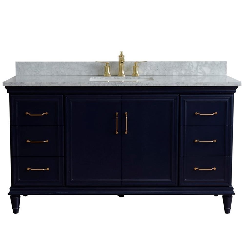 61 in. Single Wooden Vanity Blue White Carrara Marble Rectangle Sink