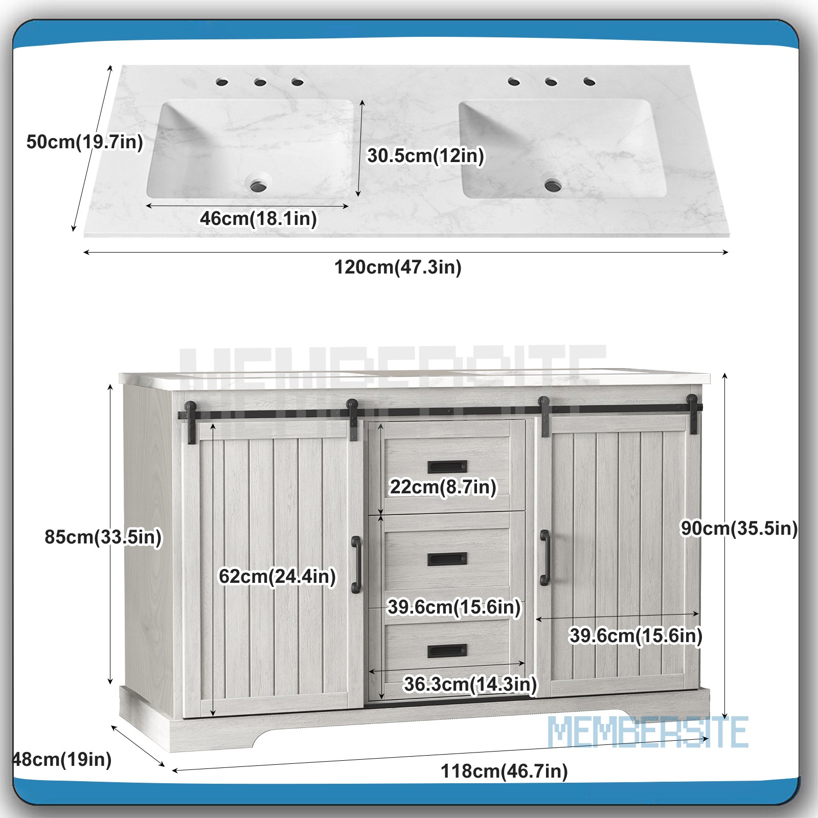 Bathroom Vanity 47.3″ Bathroom Sink Cabinet w/Sinks and Sliding Doors ,2 Drawers