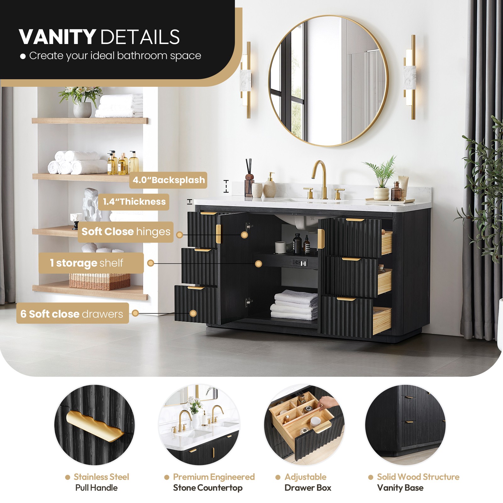 Cadiz 60″ Single Bathroom Vanity in Fir Wood Black with Composite Stone Top