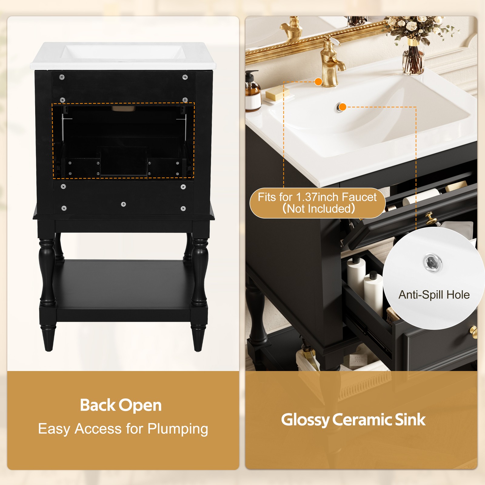 FUNIDEE 20” Bathroom Vanity Set Storage Cabinet with Ceramic Sink Combo Black