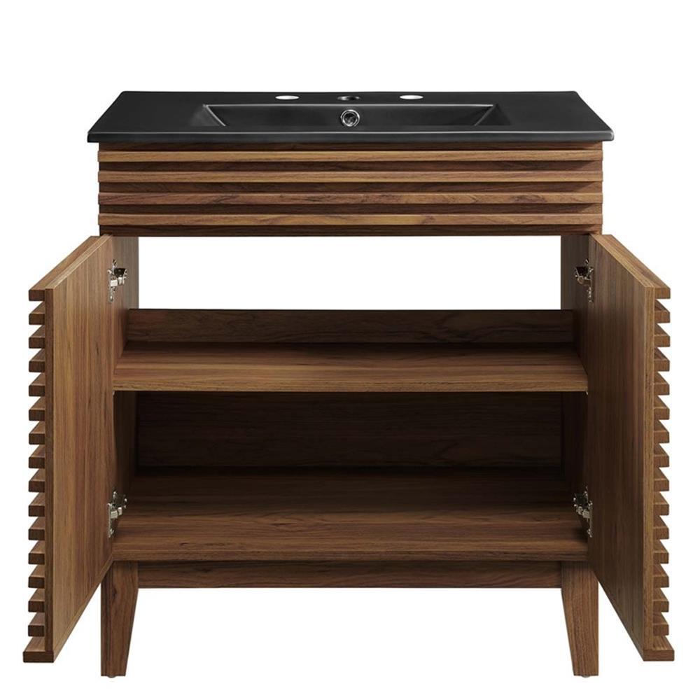 Modway Render 30″ Modern Wood/Ceramic Bathroom Vanity in Walnut/Black