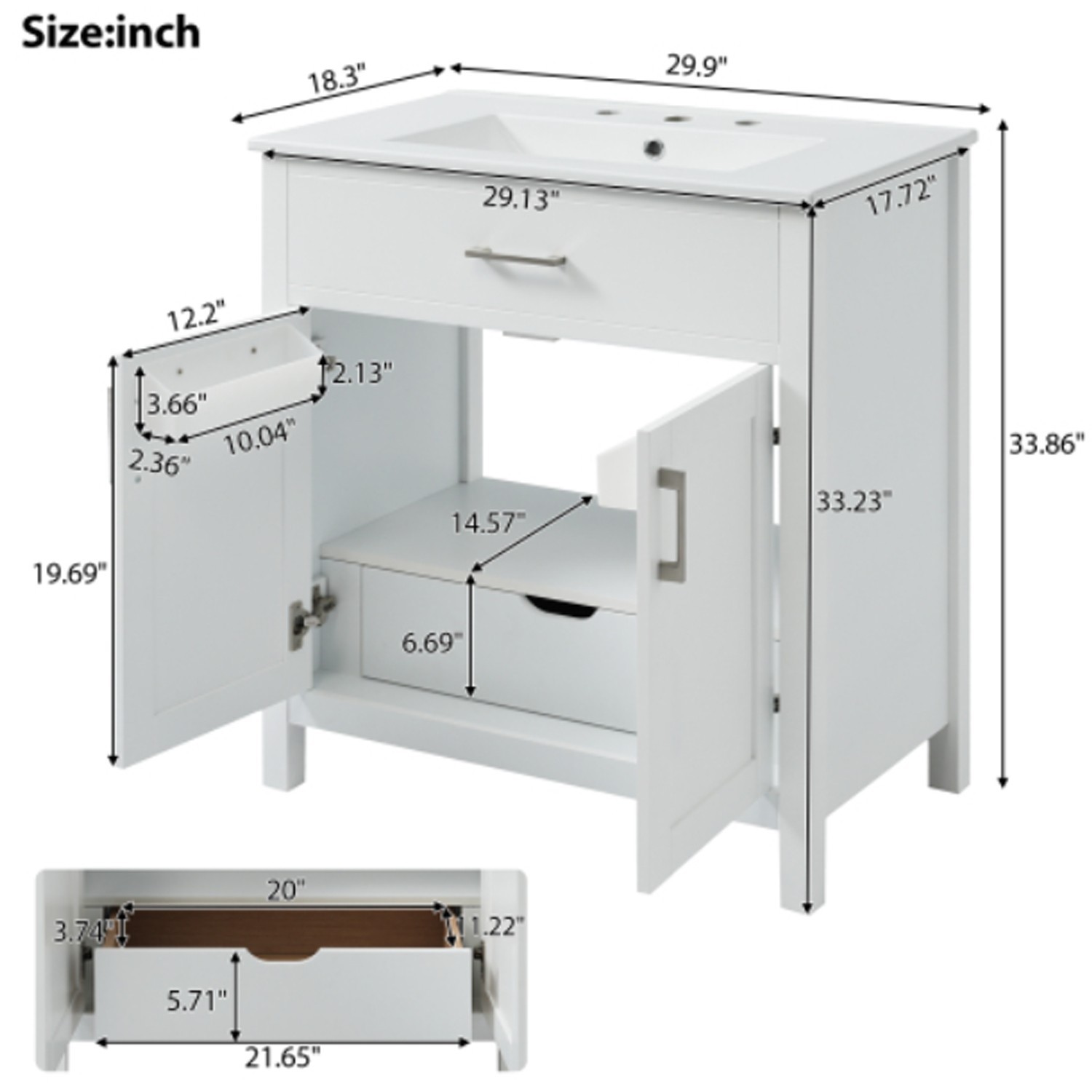 White Durable Build 30″Bathroom Vanity Cabinet Large Practical Vanity With Sink
