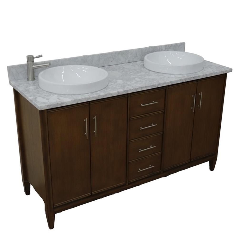 Pemberly Row 61″ Double Round Sink Vanity with White Marble Stone in Walnut