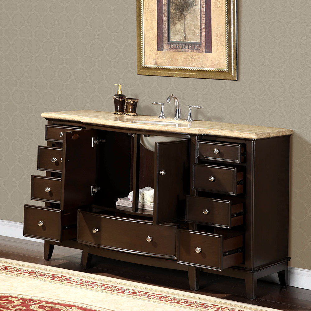 60-inch Travertine Stone Counter Top Bathroom Single Sink Vanity Cabinet 0237TR