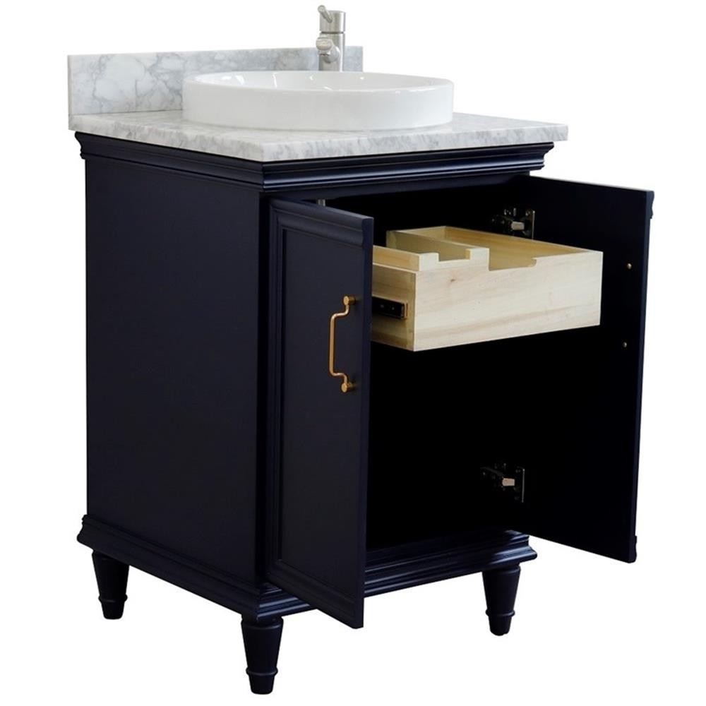 25 in. Single Wooden Vanity Blue with White Carrara Round Sink