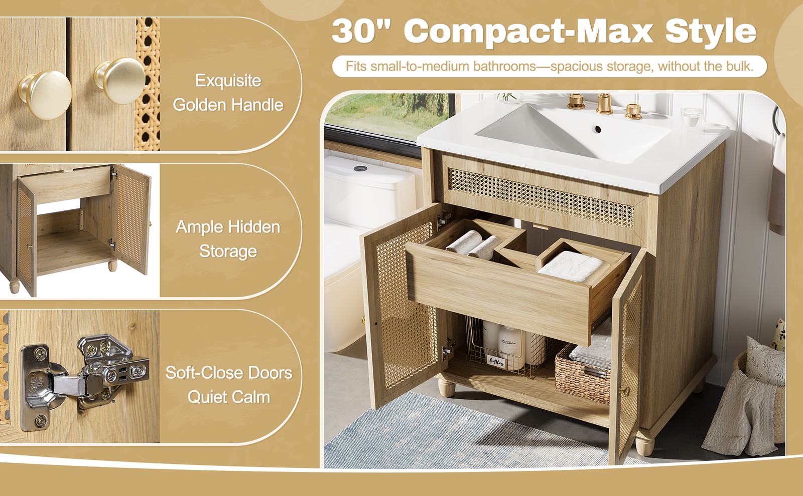 30″ Bathroom Vanity w/Rattan Doors, Solid Wood Legs & Resin Basin Natural Wood