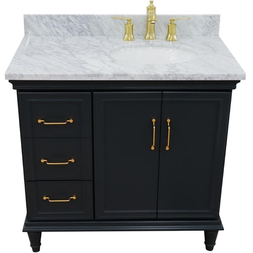 37 in. Single Wooden Vanity Dark Gray White Carrara Oval Right Door.Right Sink