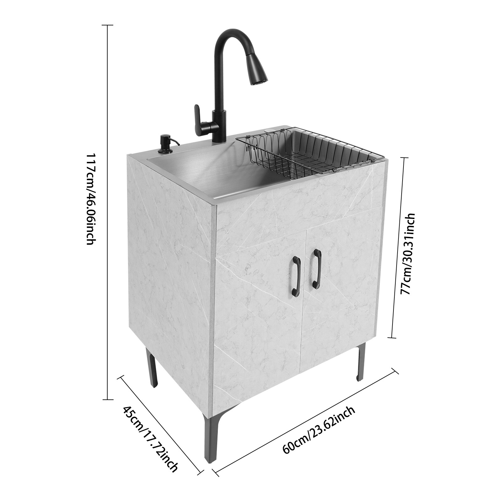 Grey Stainless Steel Sink & Freestanding Cabinet With Pull-Out Faucet