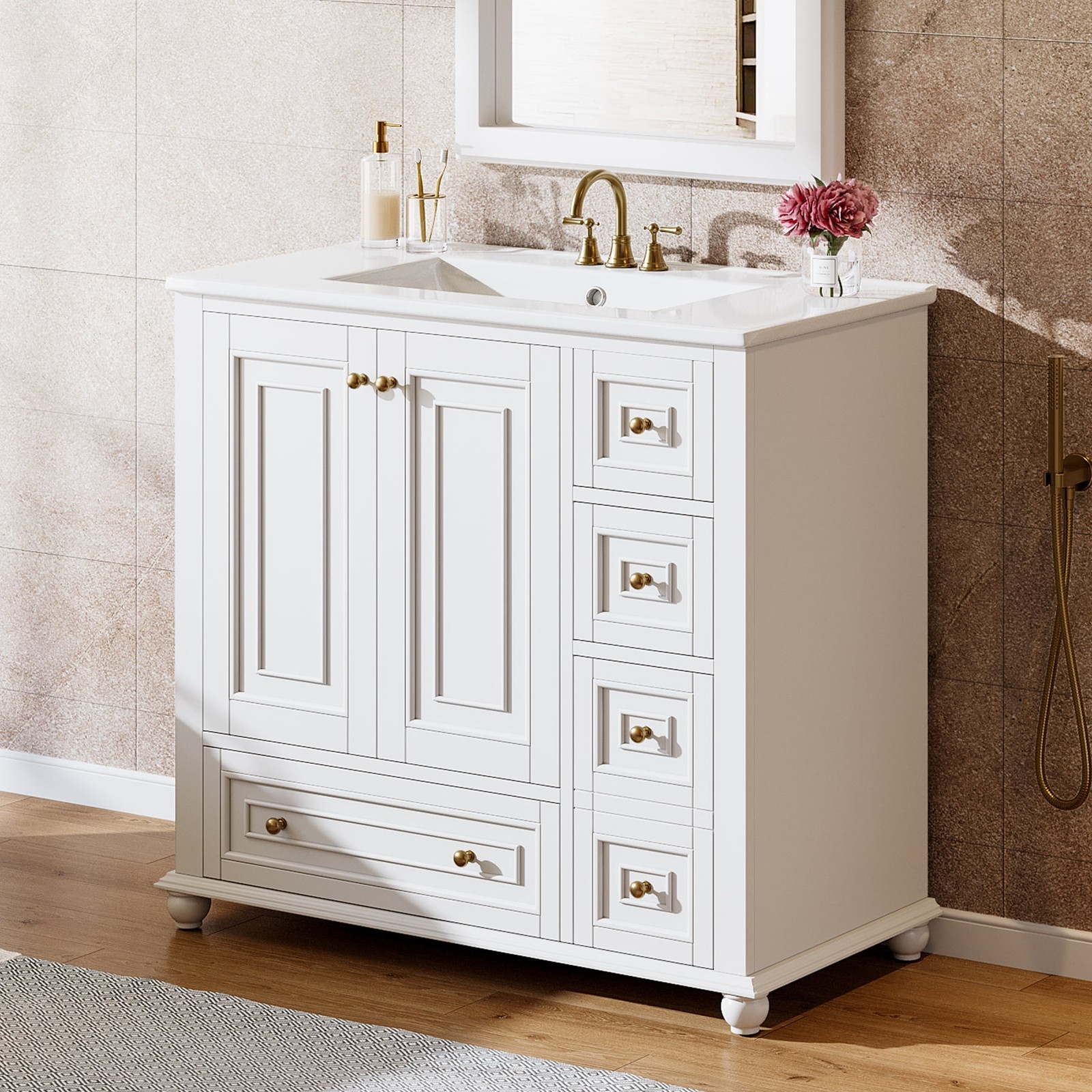 36” Bathroom Vanity with Ceramic Sink，Modern Wood Storage Cabinet with Drawers