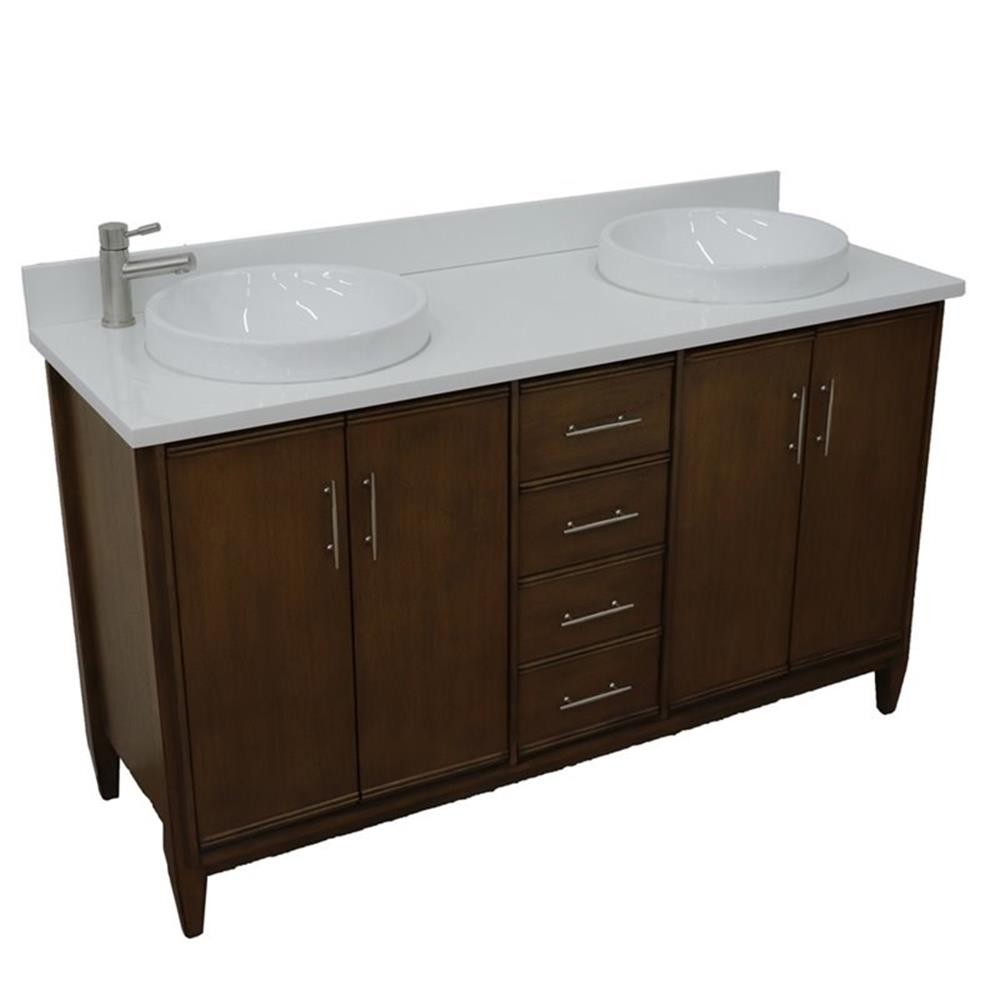 Pemberly Row 61″ Double Round Sink Vanity with White Quartz Stone in Walnut
