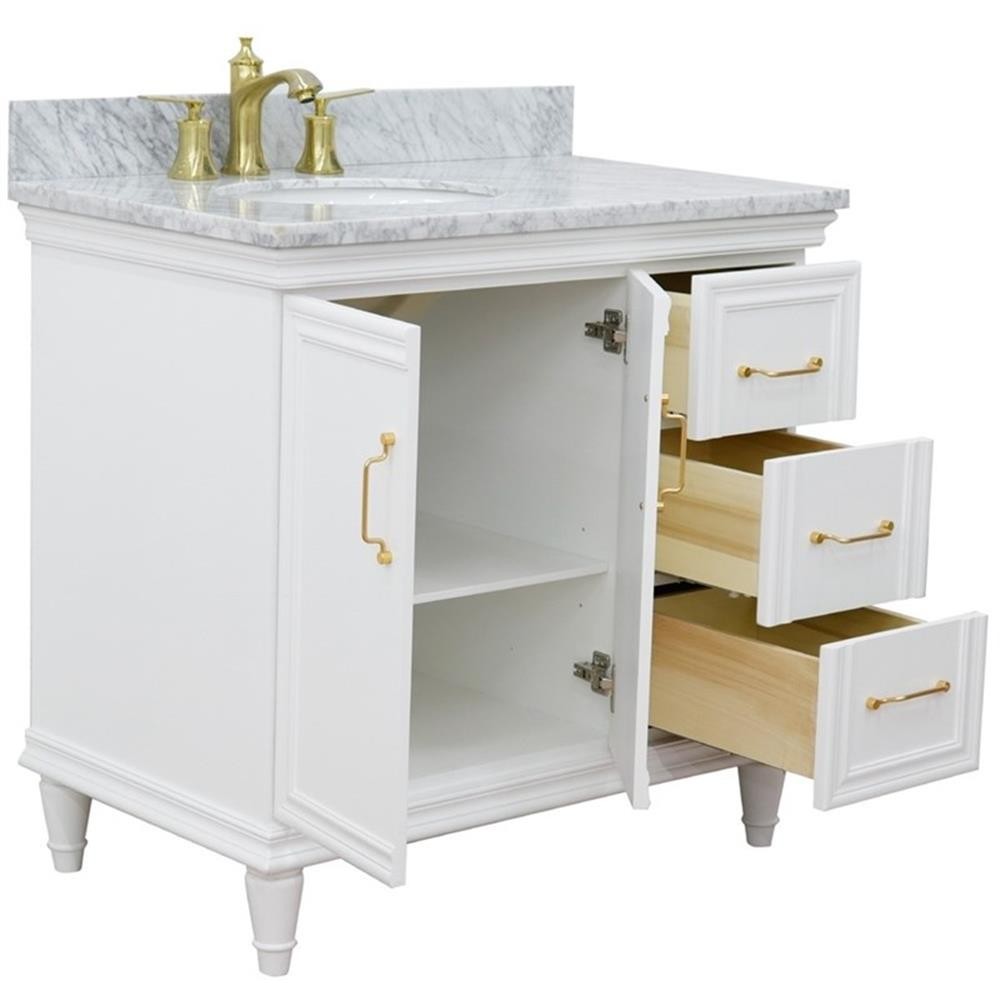 37 in. Single Wooden Vanity White White Carrara Oval Left Door.Left Sink