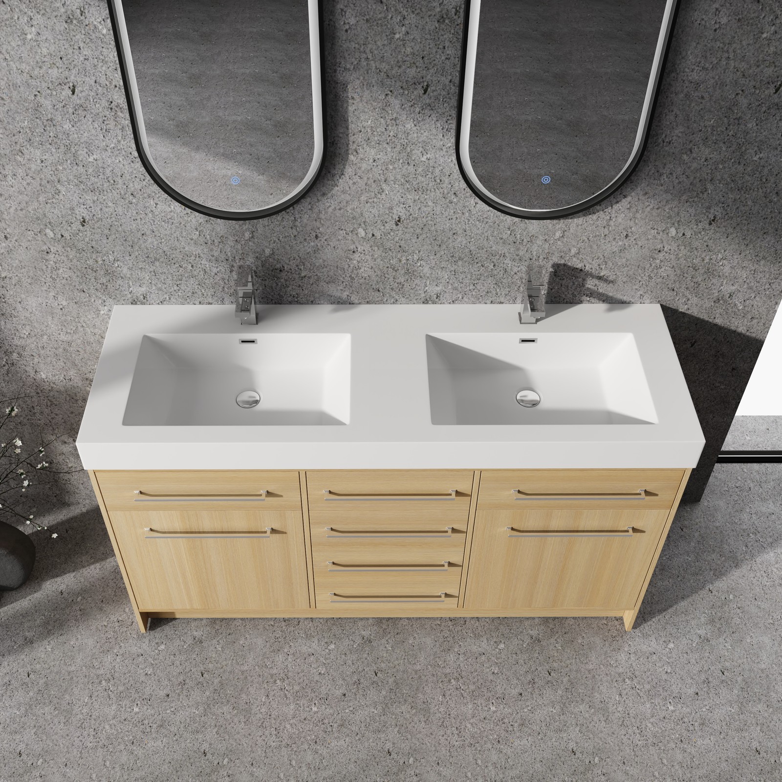 60 in Plywood Bathroom Vanity Freestanding W/Double Resin Sink +2 Doors 6Drawers