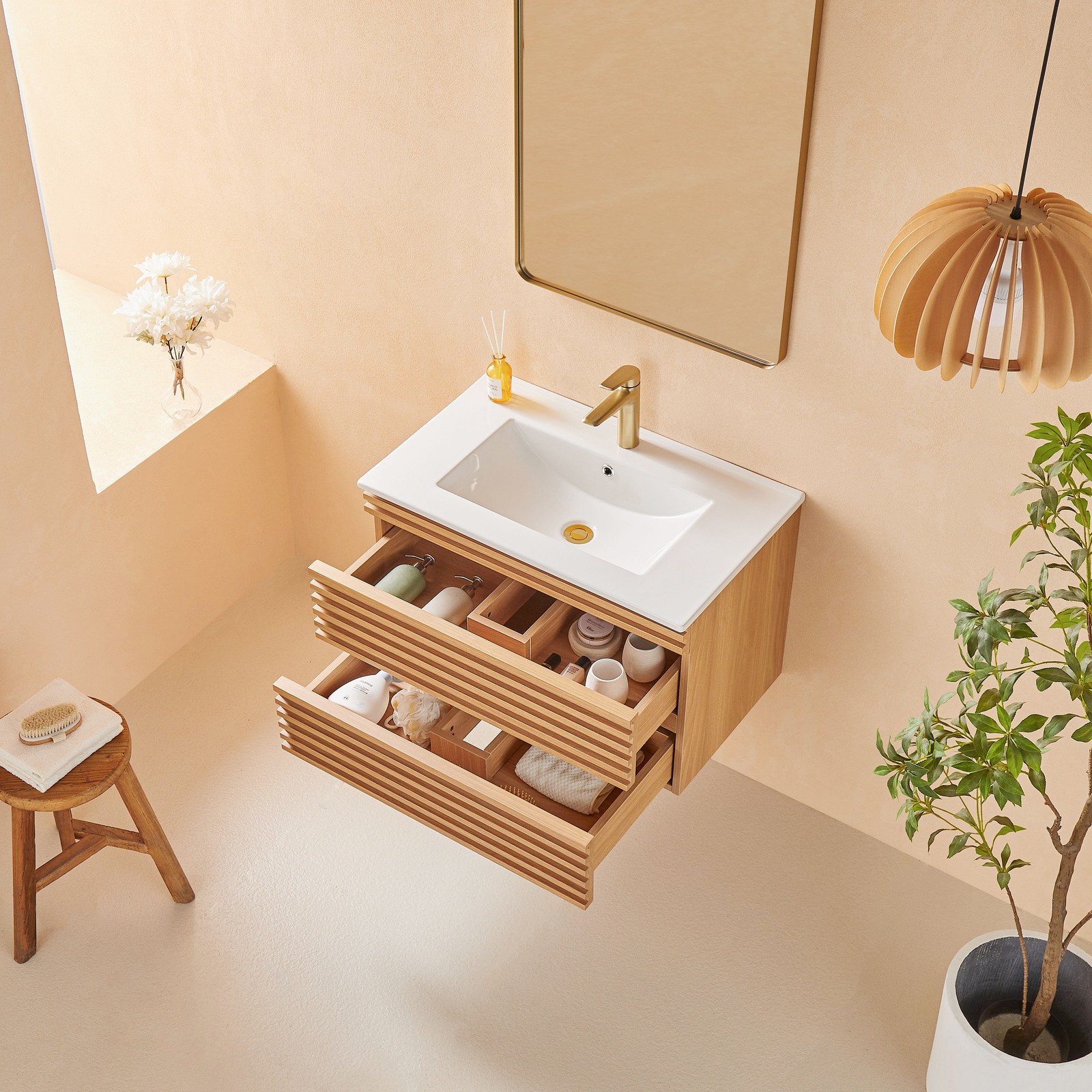 30″ Wooden Floating Bathroom Vanity W/ Ceramic Sink Wall Mounted Undermount Sink