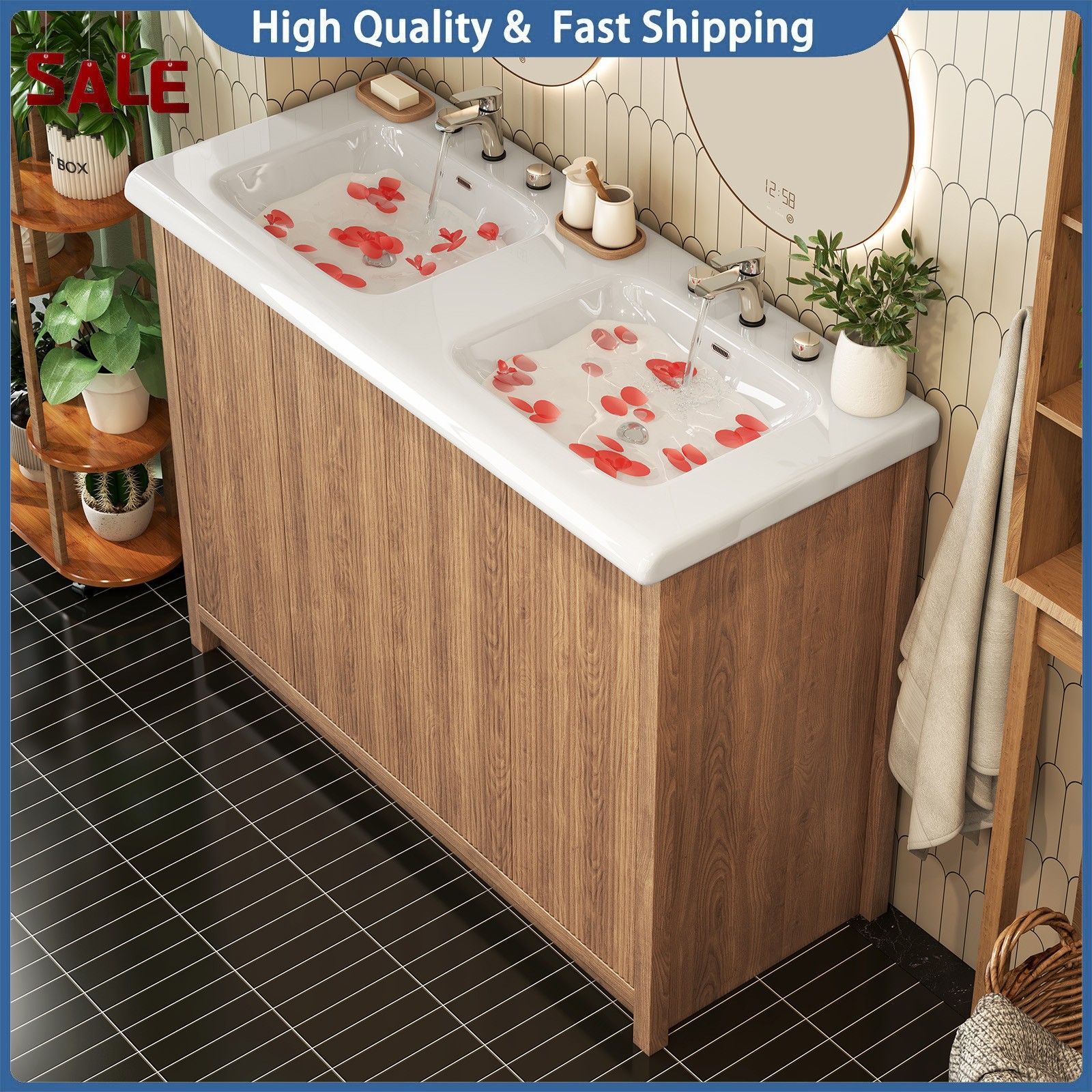 47″ Large Bathroom Vanity Double Ceramic Sink Freestanding Cabinet Storage