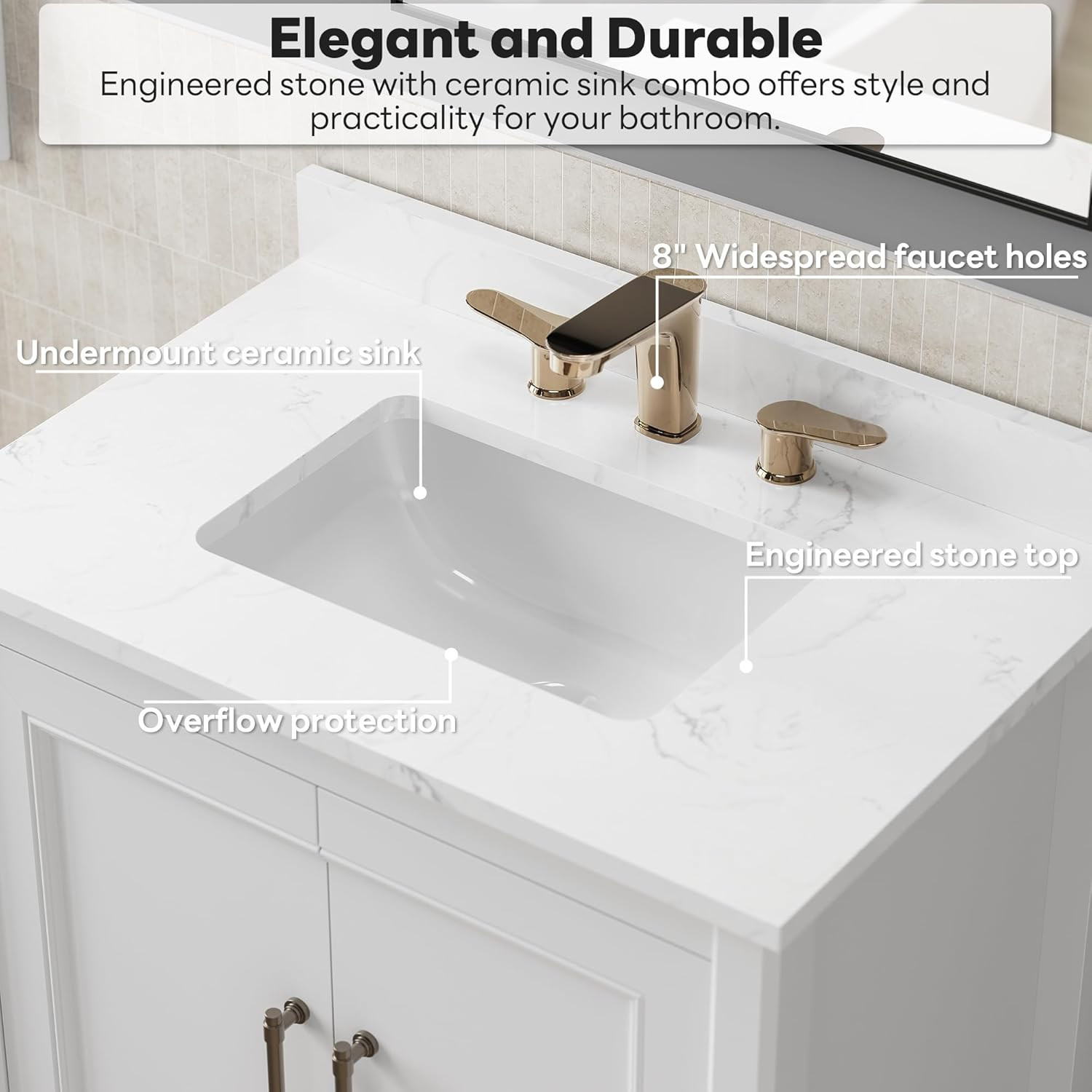 30″ Modern Bathroom Vanity with Sink, Soft-Close Doors & Engineered Stone Top