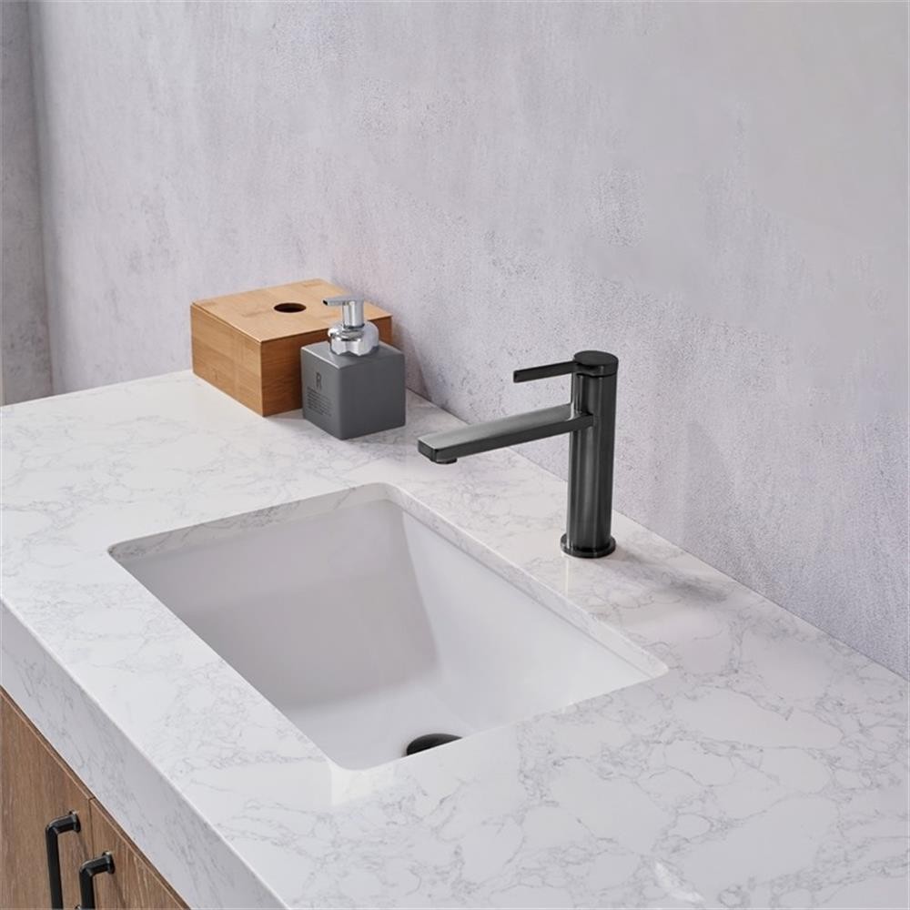 Pemberly Row 48″ White Stone Top Oak Single Vanity Black Frame w/o Mirror