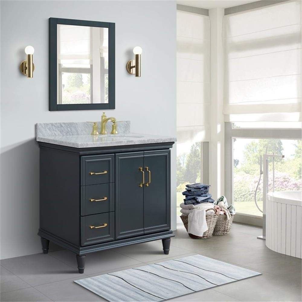 37 in. Single Wooden Vanity Dark Gray White Carrara Oval Right Door.Right Sink