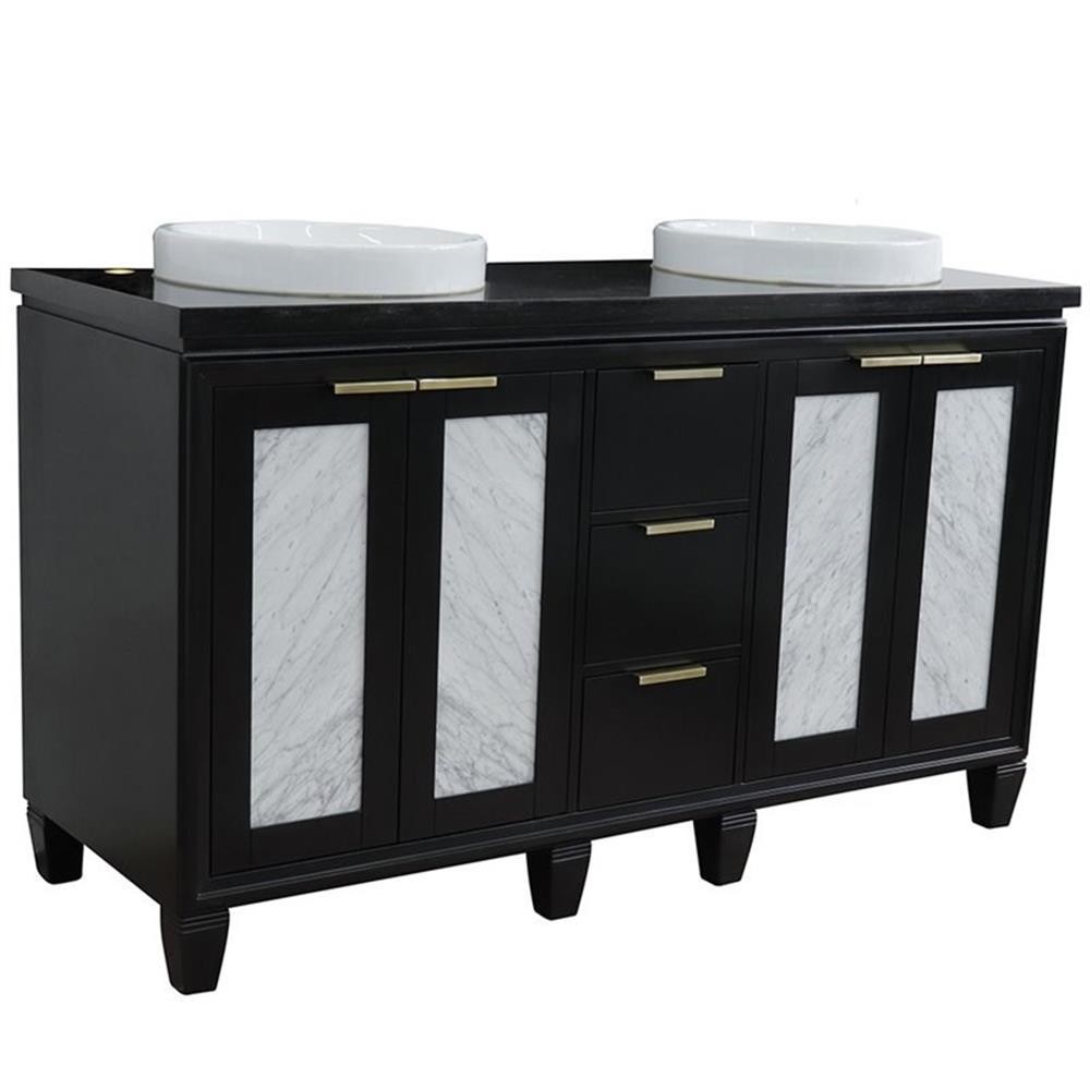 Pemberly Row 61″ Double Round Sink Solid Wood Vanity in Blue/Black Galaxy